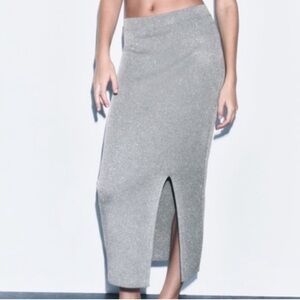 Zara Silver Metallic Thread Ribbed Stretch Midi Pencil Skirt Size XS
